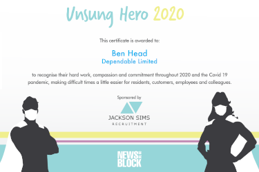 Unsung hero 2020 certificate to Ben Head
