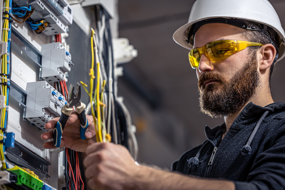 Male electrician works switchboard with electrical connecting cable